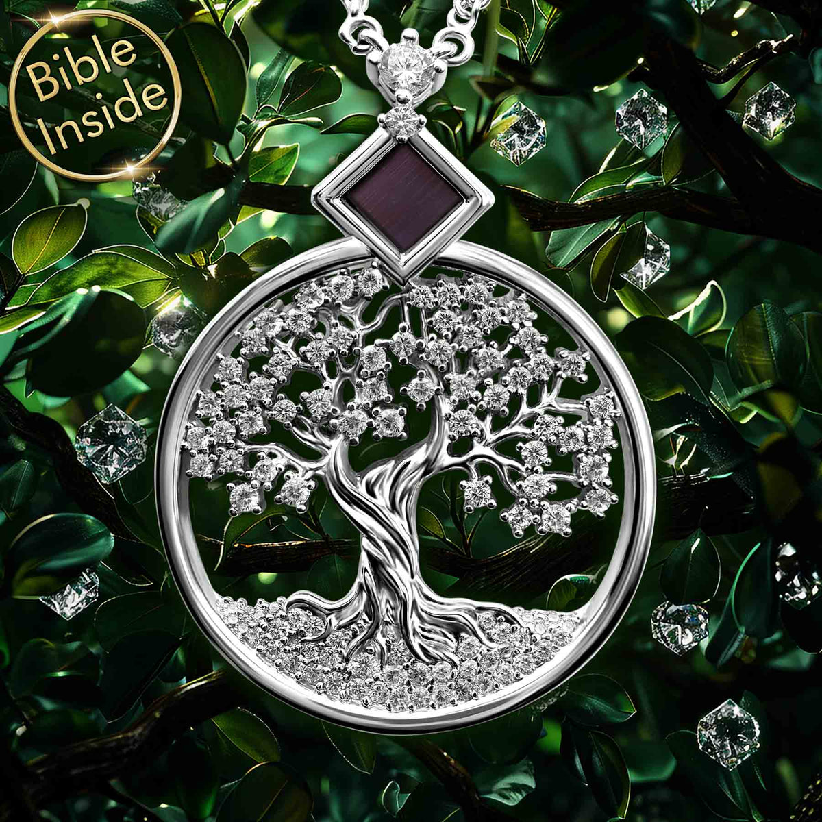 Tree Necklace with Crystals Silver Design and Biblical Text Technology - Shlama