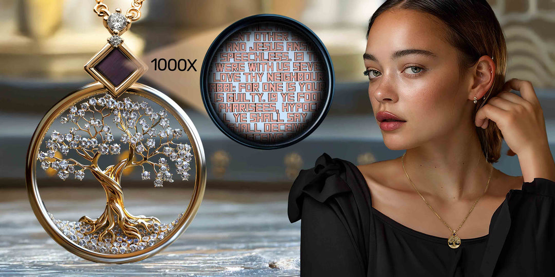 Tree of Life Gold Pendant Featuring Crystal Branches and Bible Text Shown at 1000X | My Nano Jewelry