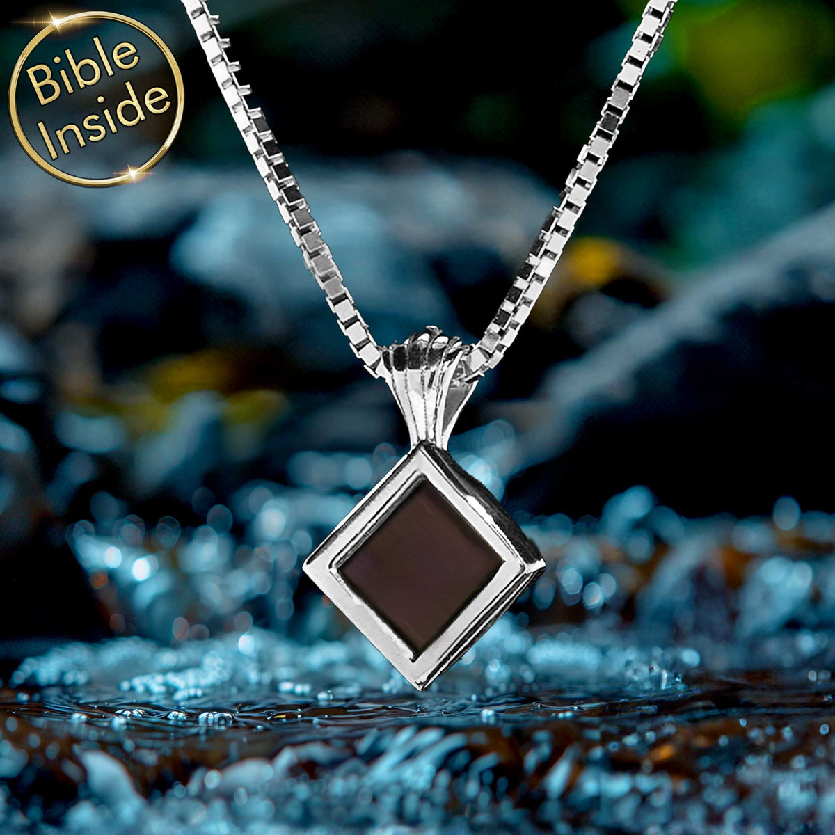 Christian Silver Necklace with Diamond Shape Pendant Containing Bible Inside by Shlama