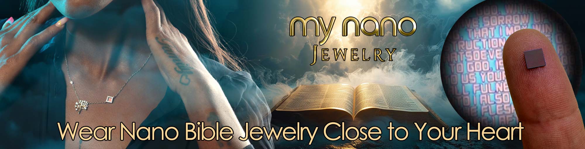 Women's Christian jewelry displaying nano Bible concept with open biblical text and elegant pendant