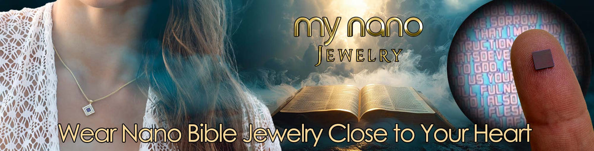 Female Christian Jewelry Shlama Brand Banner with Woman Wearing Scripture Necklace and Biblical Text