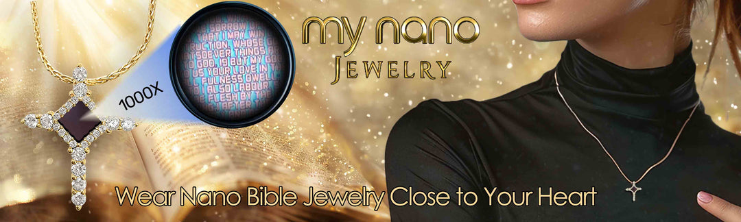 Unique cross jewelry showcasing nano Bible technology with readable Scripture under microscope beautifully