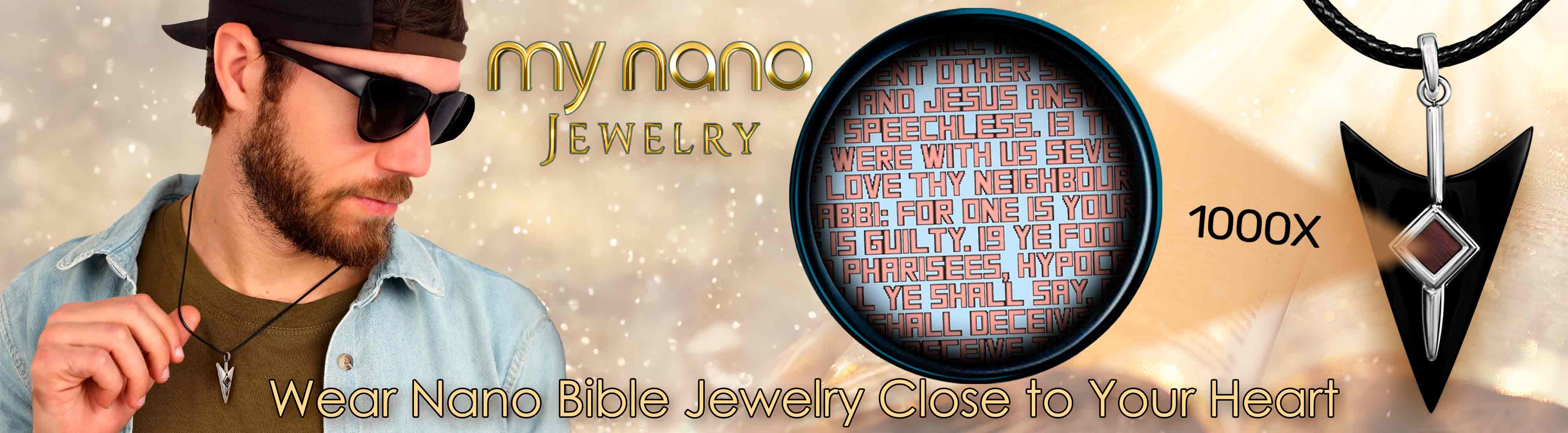 Christian Male Jewelry Demonstrating Nano Bible Technology with Microscopic Biblical Text Magnified at Thousand Times Magnification