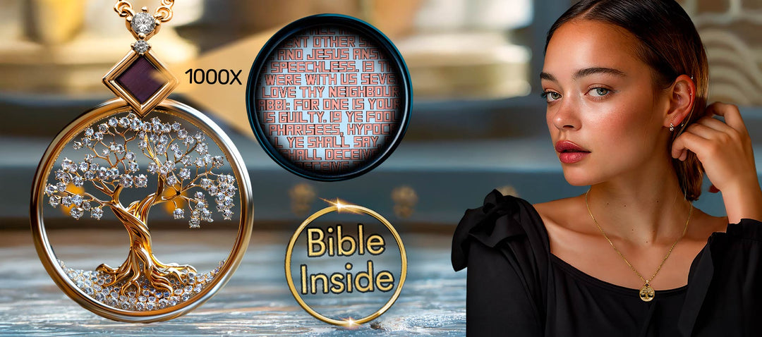 Christmas Wife Gift: Gold Tree of Life Pendant With Microscopic Bible Viewable at 1000X | My Nano Jewelry