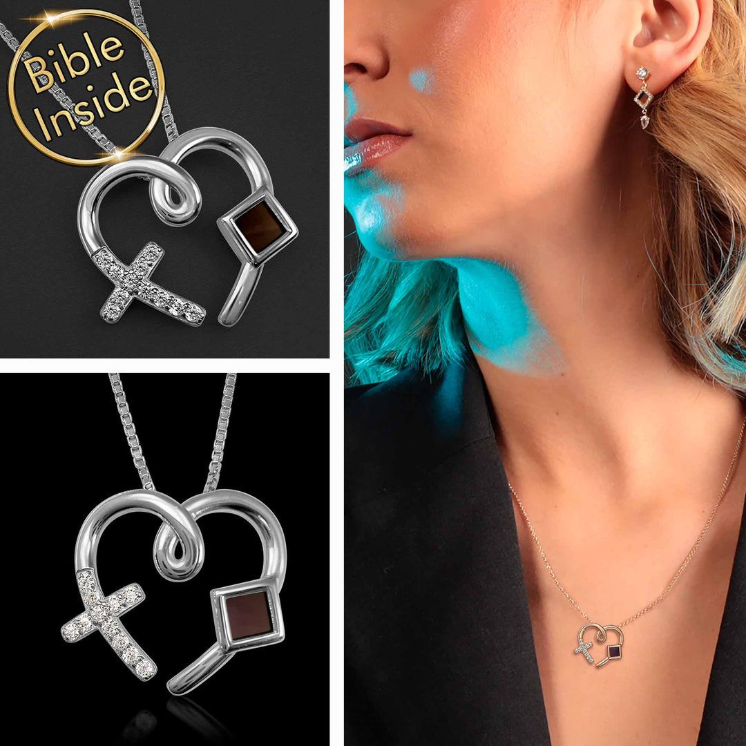 14k white gold heart necklace with nano Bible chip – elegant Christian jewelry
