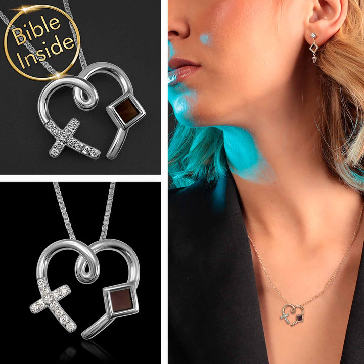 14k white gold heart necklace with nano Bible chip – elegant Christian jewelry