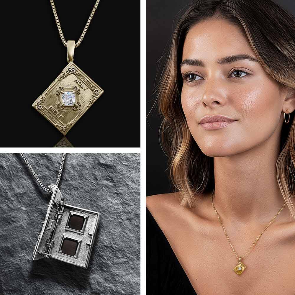 Bible necklace with book locket containing nano scripture - unisex faith jewelry