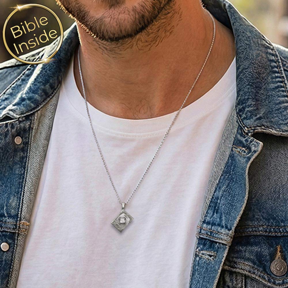 Men's biblical necklace with book charm containing full scripture text
