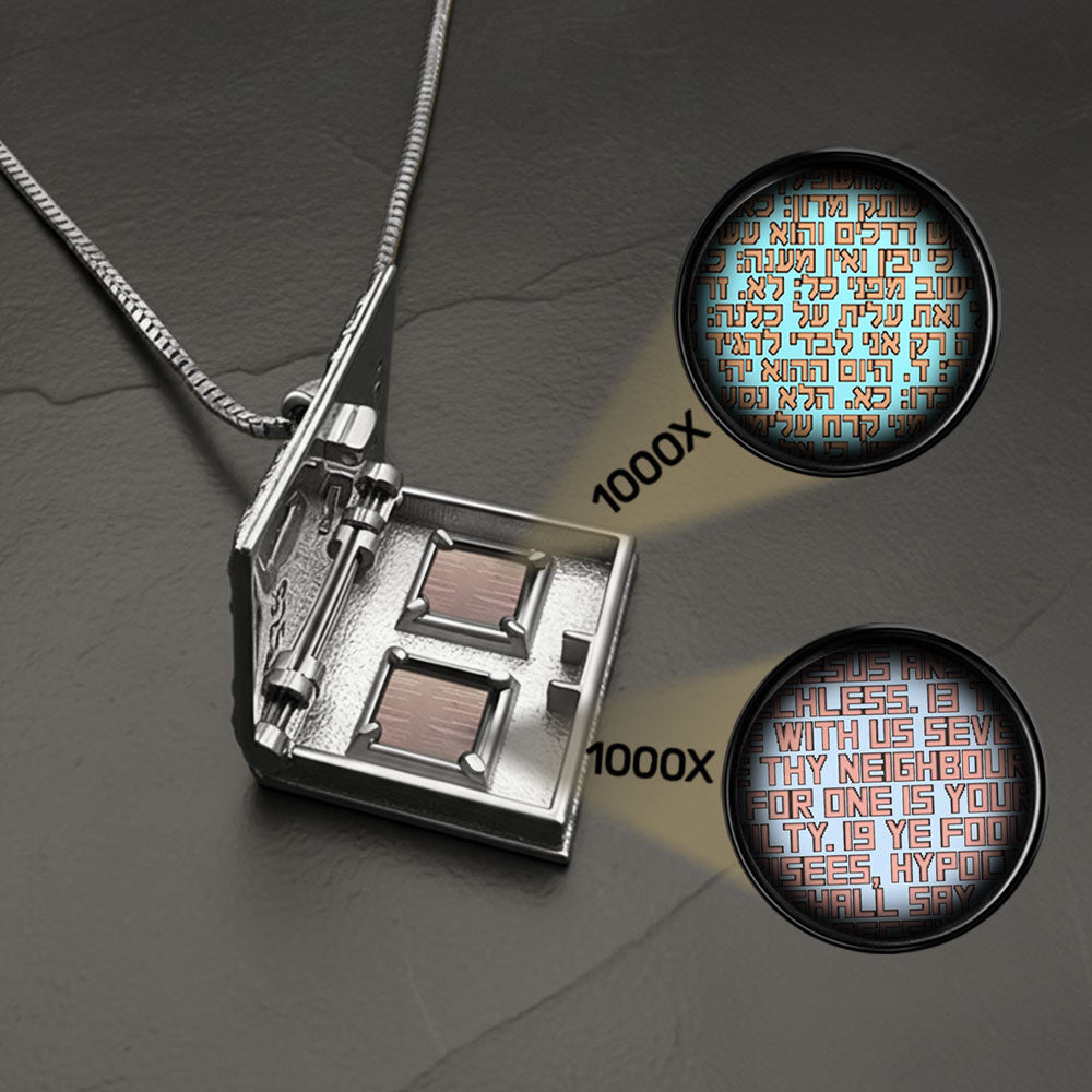 Sterling silver bible necklace opens like book with nano Bible chips
