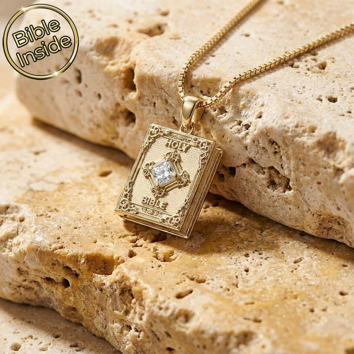 Handcrafted biblical necklace opens to show nano Bible chips - unique design
