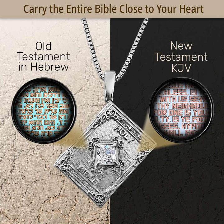 Elegant biblical necklace with book charm containing both Testaments