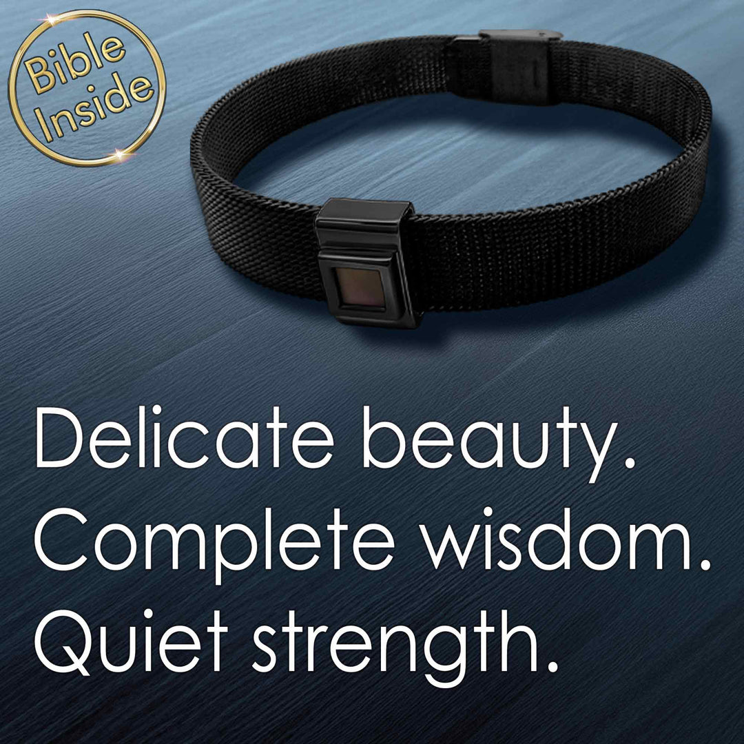 Best Valentine's present for him Christian bracelet with micro Bible chip in silver rectangles.