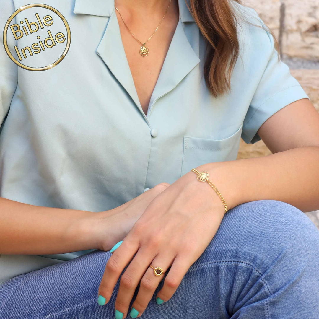 Best gift for Valentine day for girlfriend – seed of life gold bracelet with New Testament chip