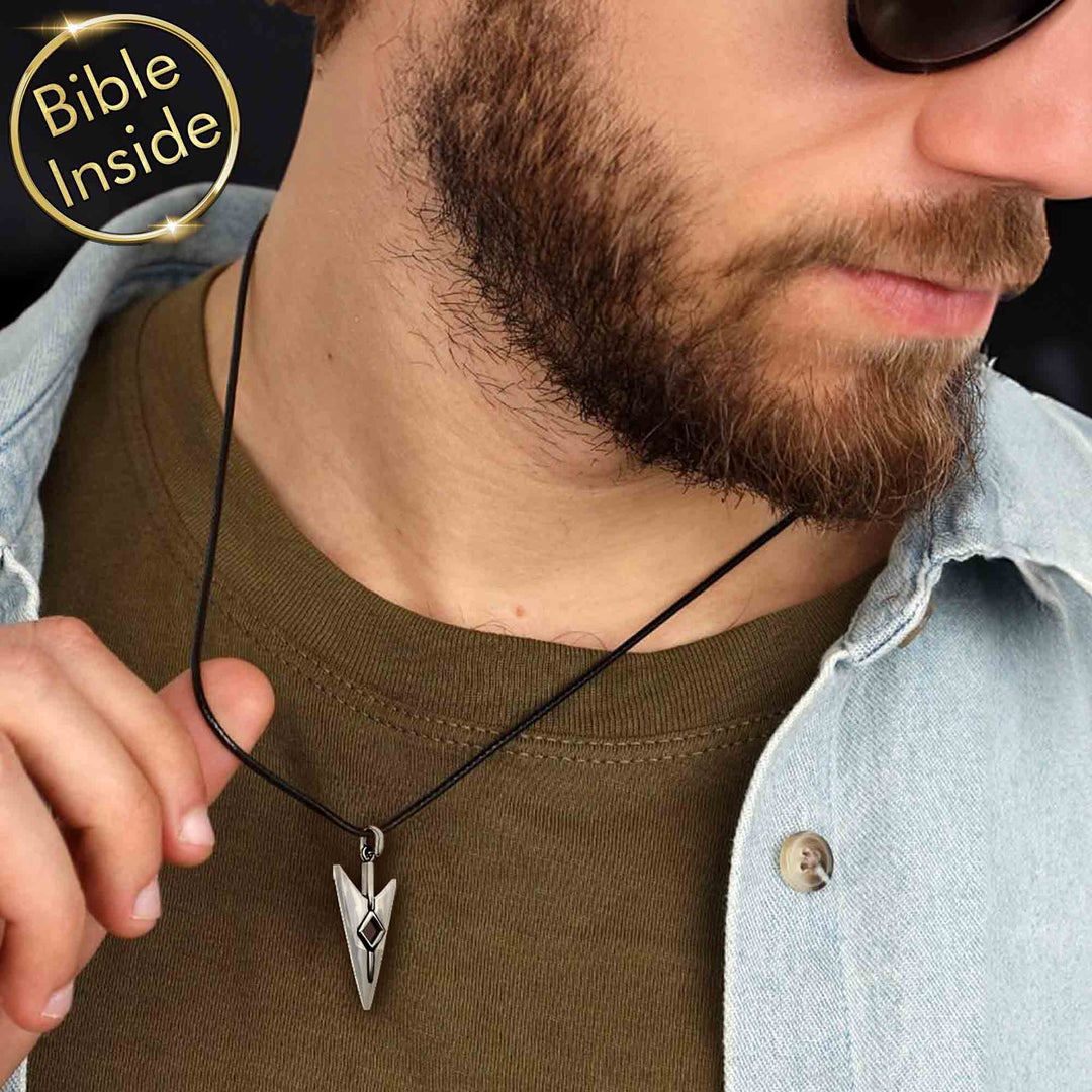 Arrow pendant jewelry for men featuring scripture technology