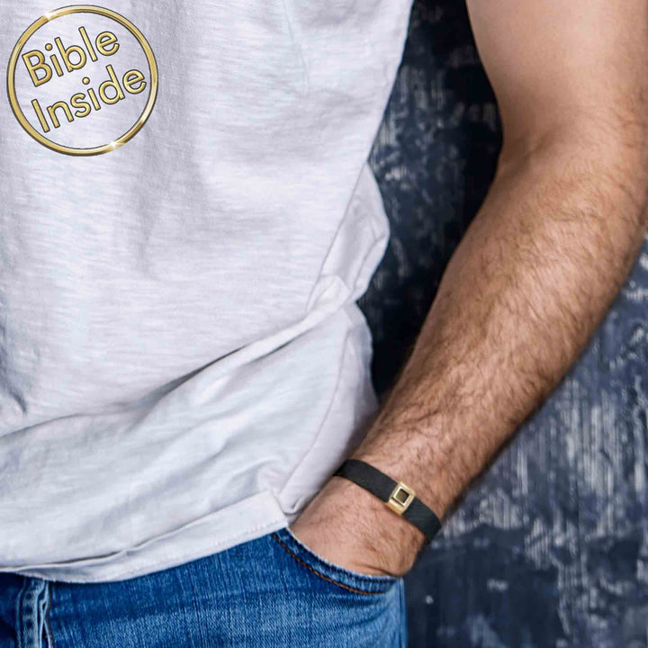 Best Valentine’s present for him bracelet with minimalist Christian nano Bible charm.