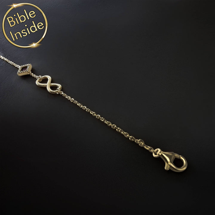 Gold infinity bracelet with miniature Bible – best Valentines Day present for her