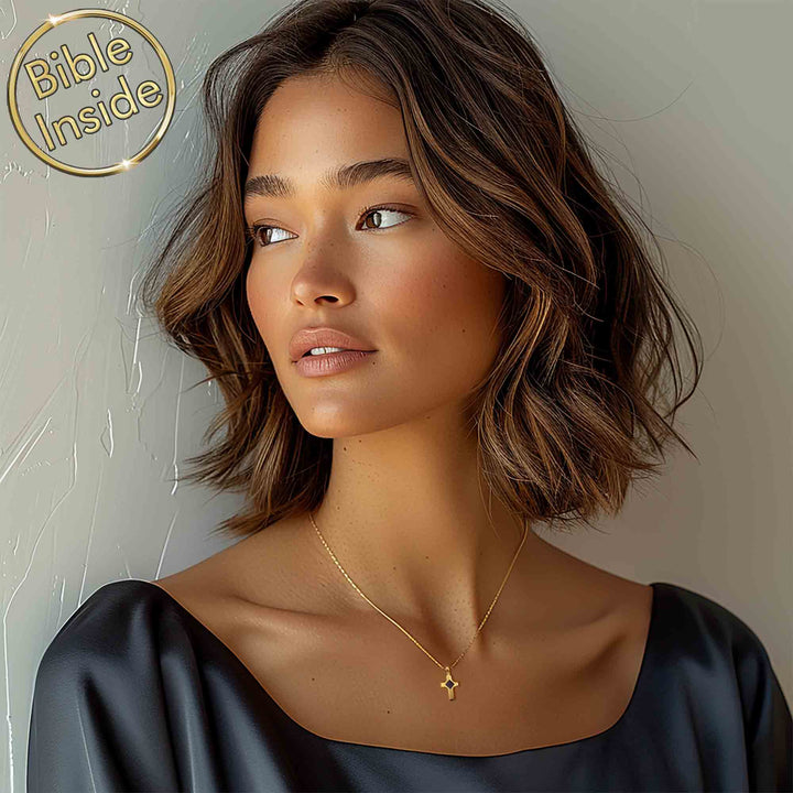 Gold biblical jewelry pure cross pendant with nano Bible for daily wear