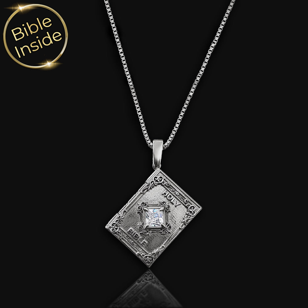 Bible necklace – minimal silver book pendant, scripture inside