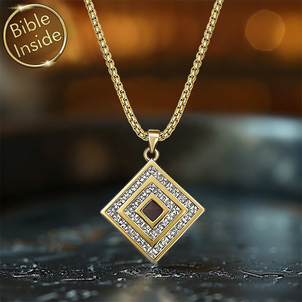 Gold Bible verses gift jewelry – elegant square pendant with CZ stones