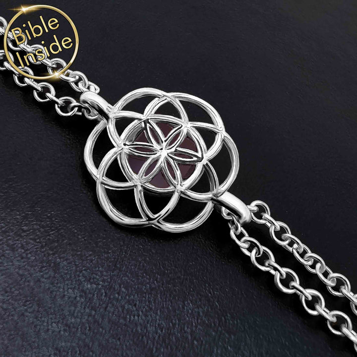 Silver biblical bracelet featuring micro Bible chip technology