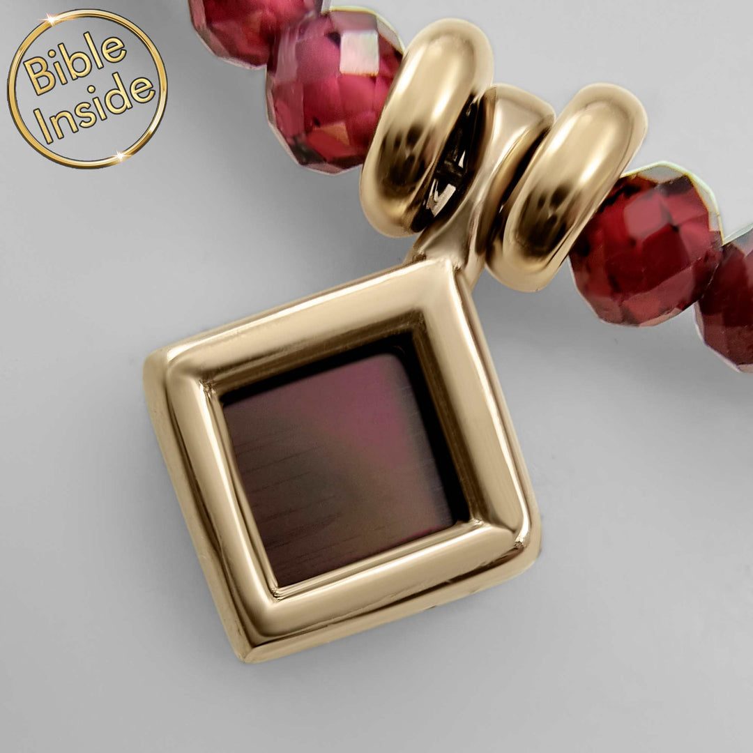 Biblical gifts for women - stylish rhombus necklace with garnet and nano Bible