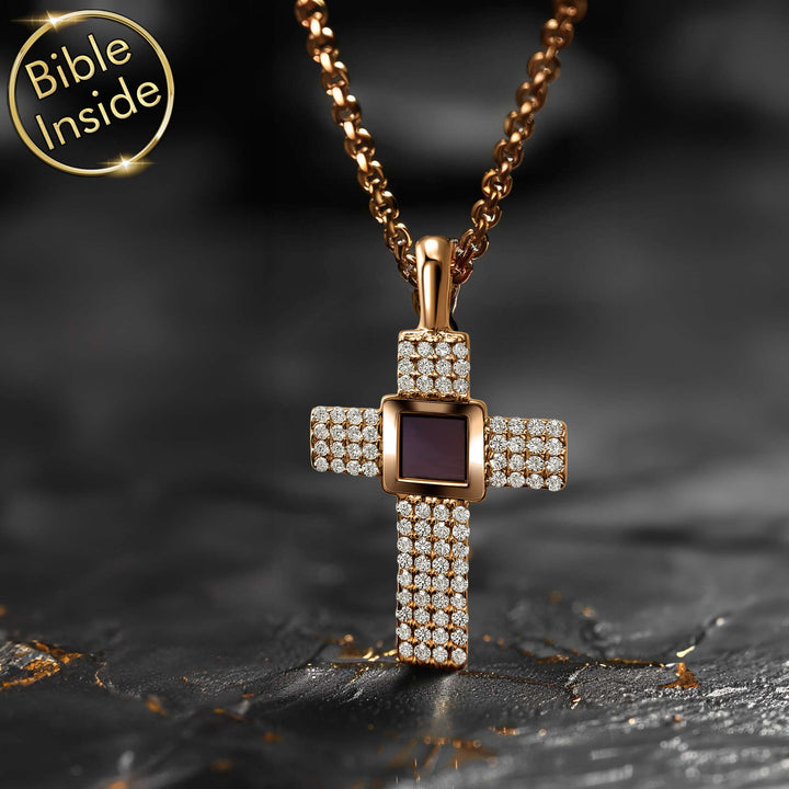 Bible verse necklace featuring Aurora cross design in gold
