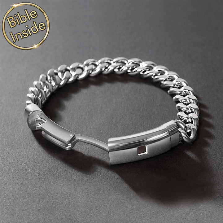 Bold Bible verse bracelet for Christian men – stainless steel design