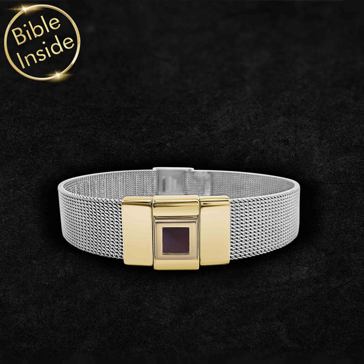 Gold Knox-3 Christian bracelet with micro Bible chip, sleek wrist design