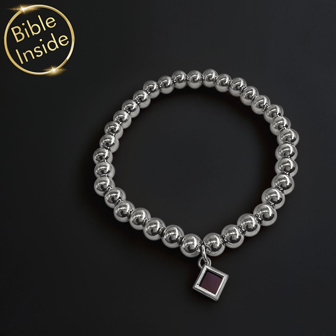 Christian bracelet with scripture engraved – micro Bible chip, silver finish