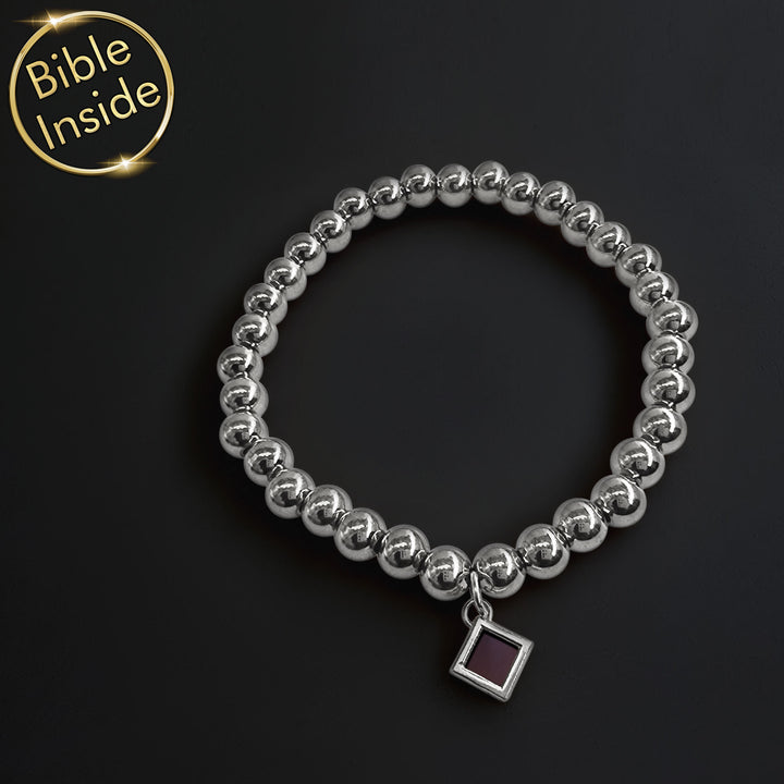 Christian bracelet with scripture engraved – micro Bible chip, silver finish