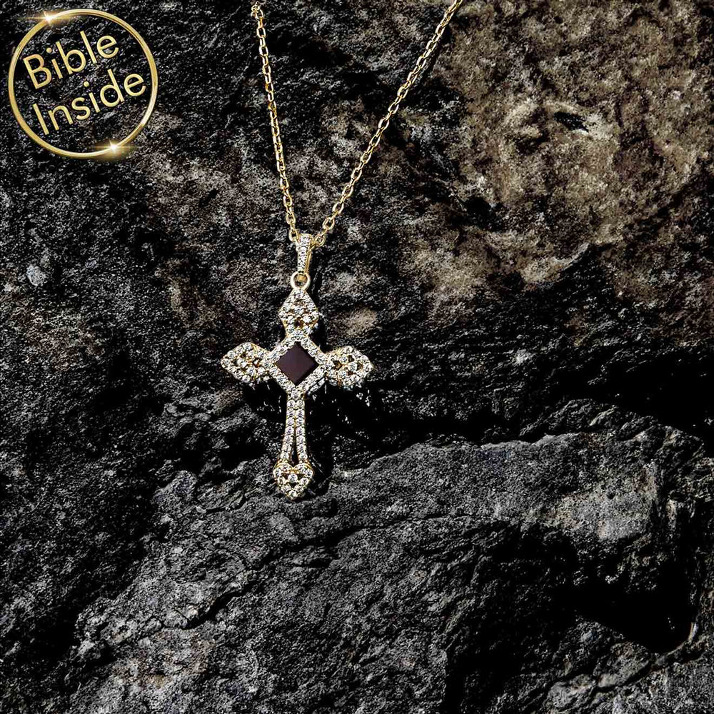 Gold cross pendant chain with miniature Bible – Christian jewelry