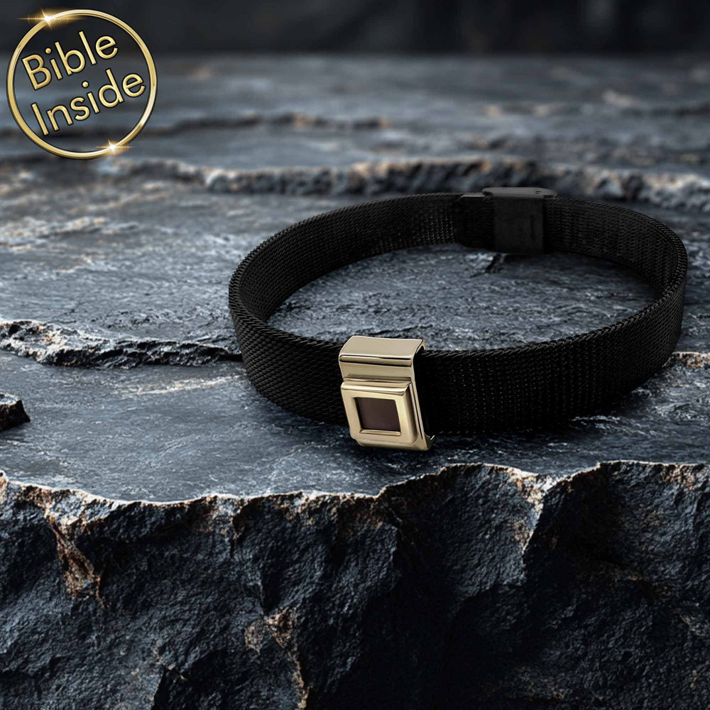 Shlama Christianity bracelet with nano Bible, stylish Christian jewelry for men.