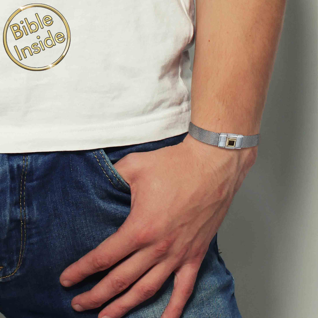 Christian bracelet for boys, slim Knox-3 shape with miniature Bible inside