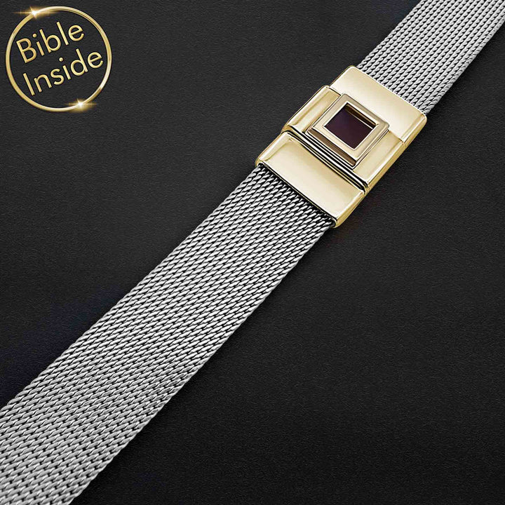 Christian bracelet in gold stainless steel, minimalist Knox-3 and Bible chip