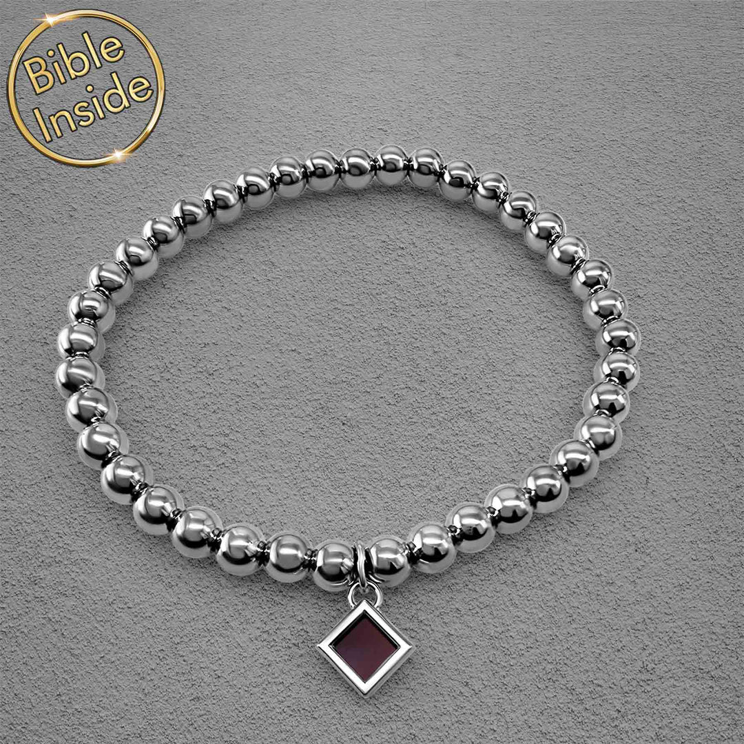 Stainless steel Christian beaded bracelet with micro Bible, water resistant