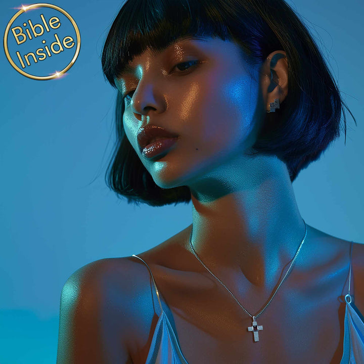 Silver cross necklace Christians gift with New Testament microchip