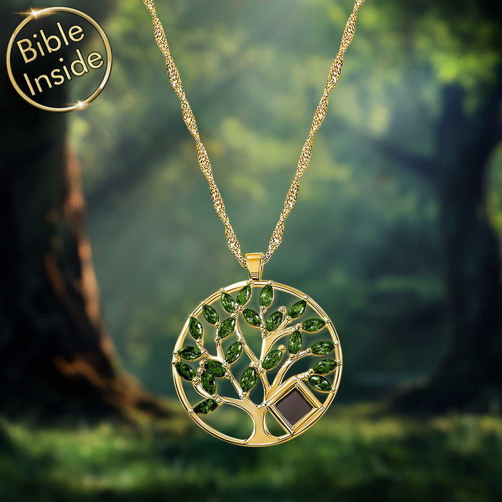 Women's Christian jewelry with CZ stones - Tree of Life necklace containing miniature Bible