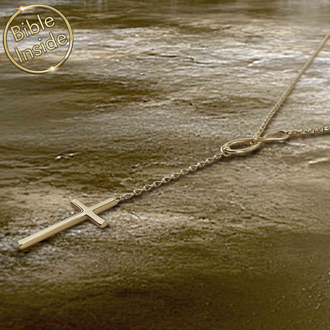 Gold necklace for Christian believers — cross charm with scripture engraved inside