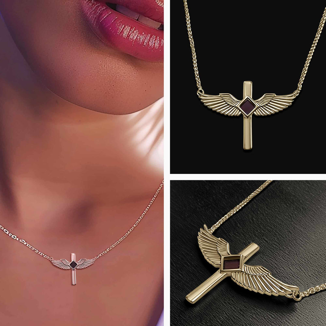 Christian gold necklace wings pendant with nano Bible chip for women