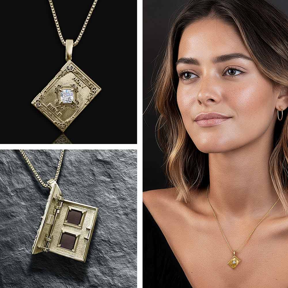 Christian gold necklace Covenant pendant with complete nano Bible