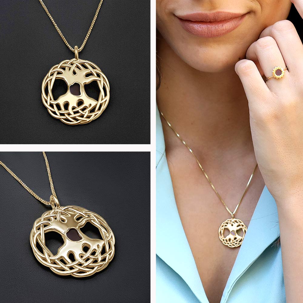 Christian gold necklace Tree of Life pendant with nano Bible chip