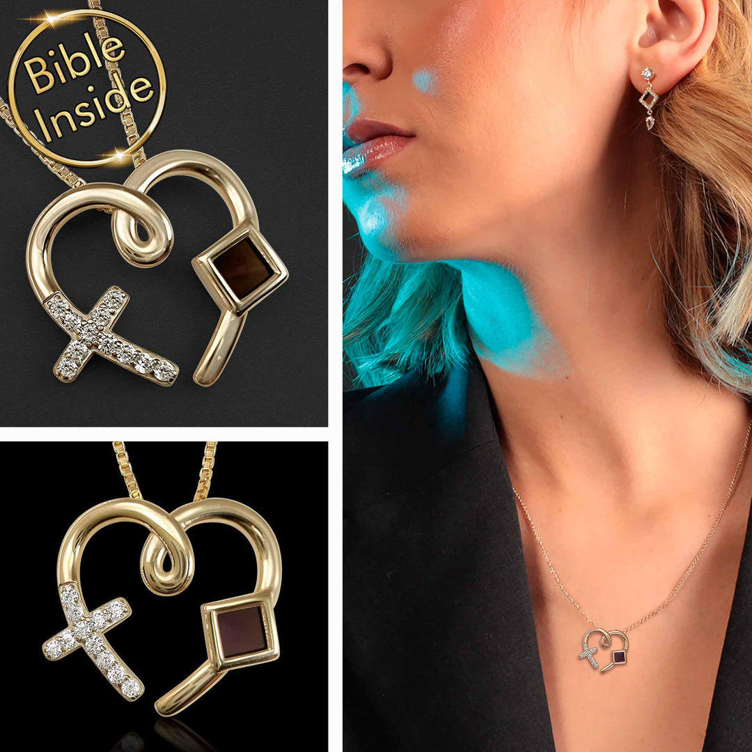 Christian gold necklace heart cross pendant with nano Bible inside
