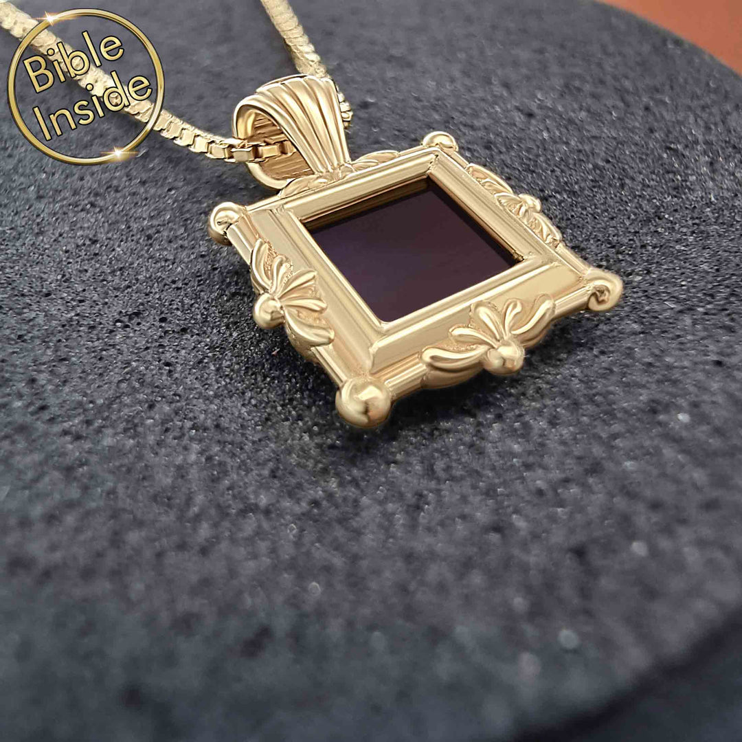 Christian gold pendant necklace – Mona design with miniature Bible chip inside