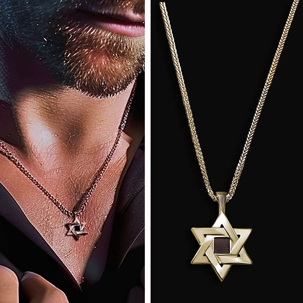 Christian gold pendant Star of David necklace with nano Bible chip for men