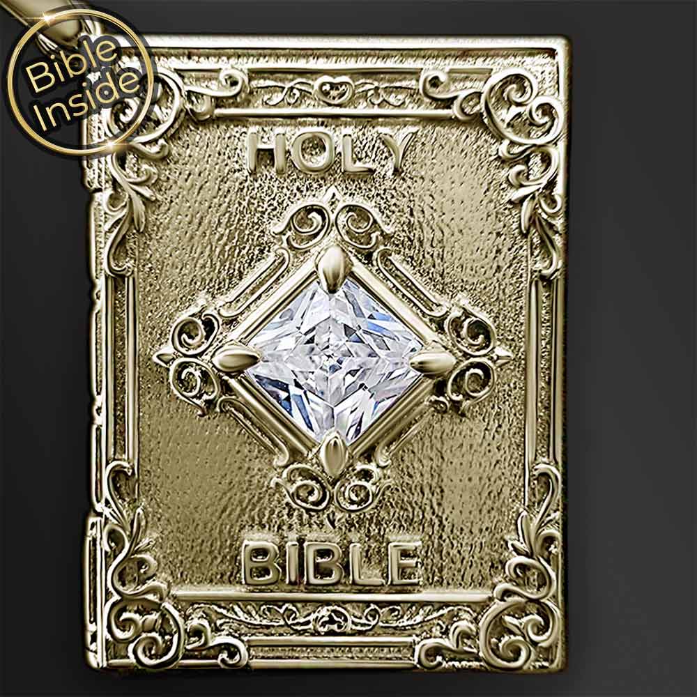 Christian gold necklace with two micro Bible chips inside