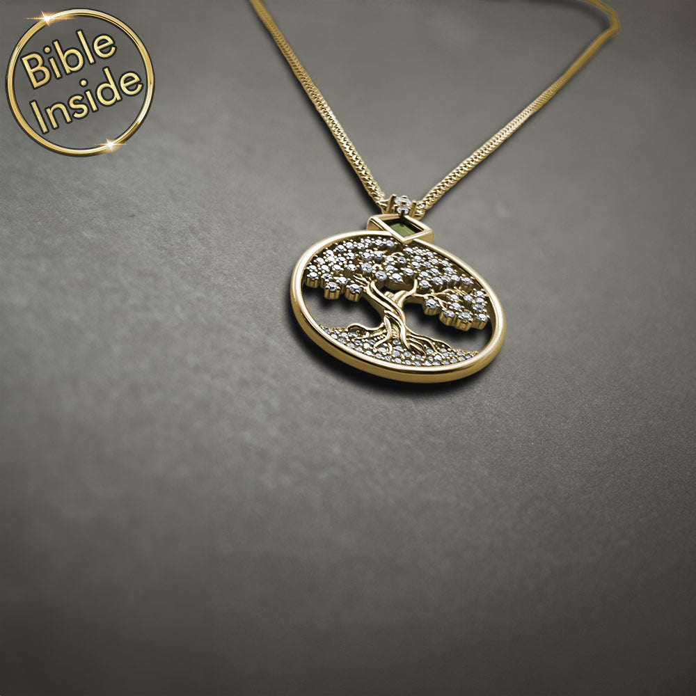 Gold necklace for Christian girls – tree of life with micro Bible, meaningful gift