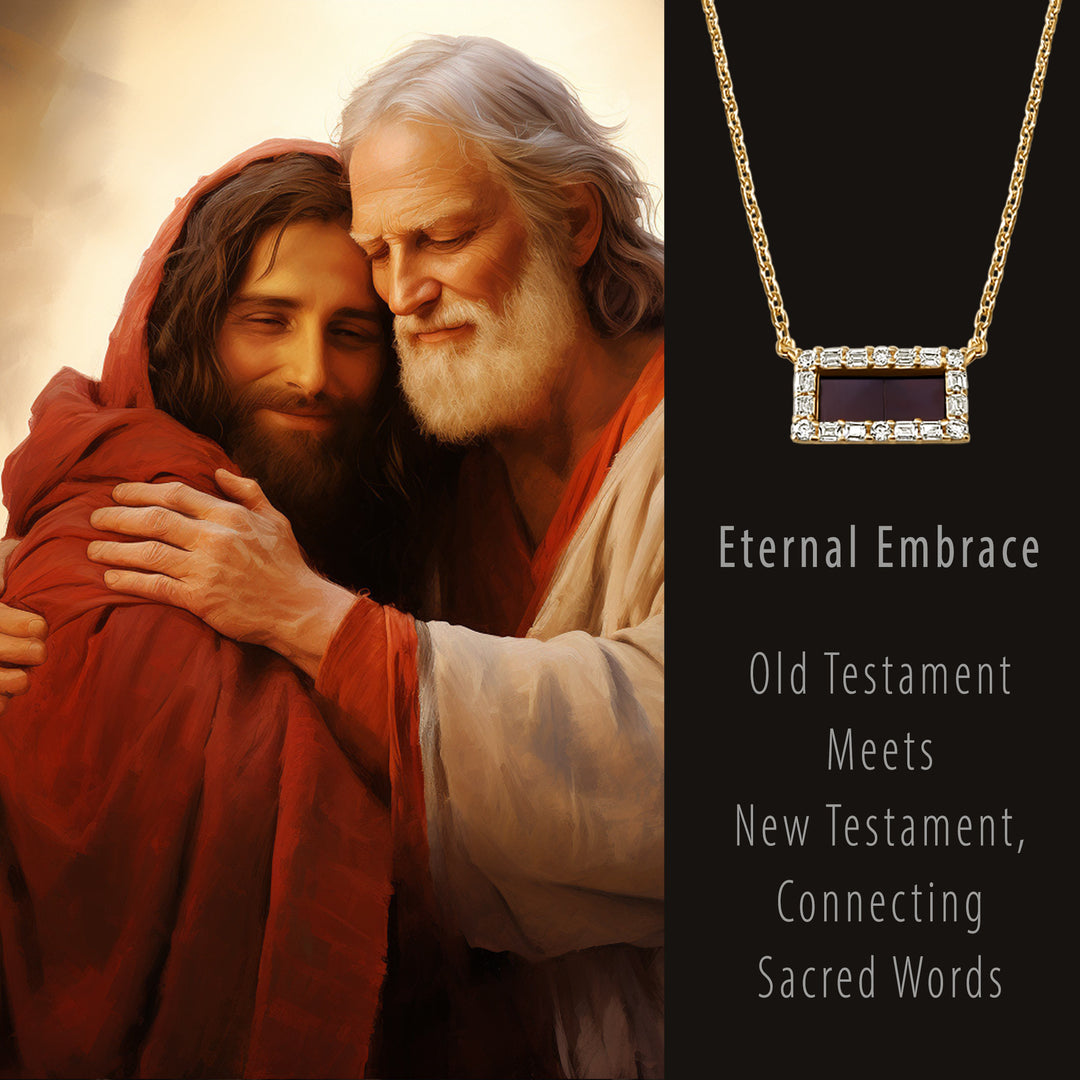 Gold necklace for Christian women with micro Bible chip, minimalist rectangle design