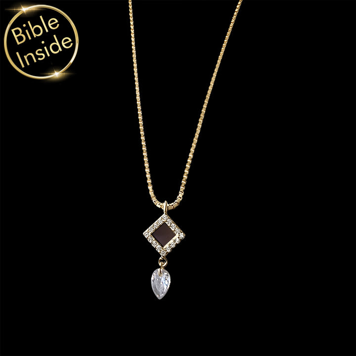 Christian gold necklace rhombus charm with New Testament inside