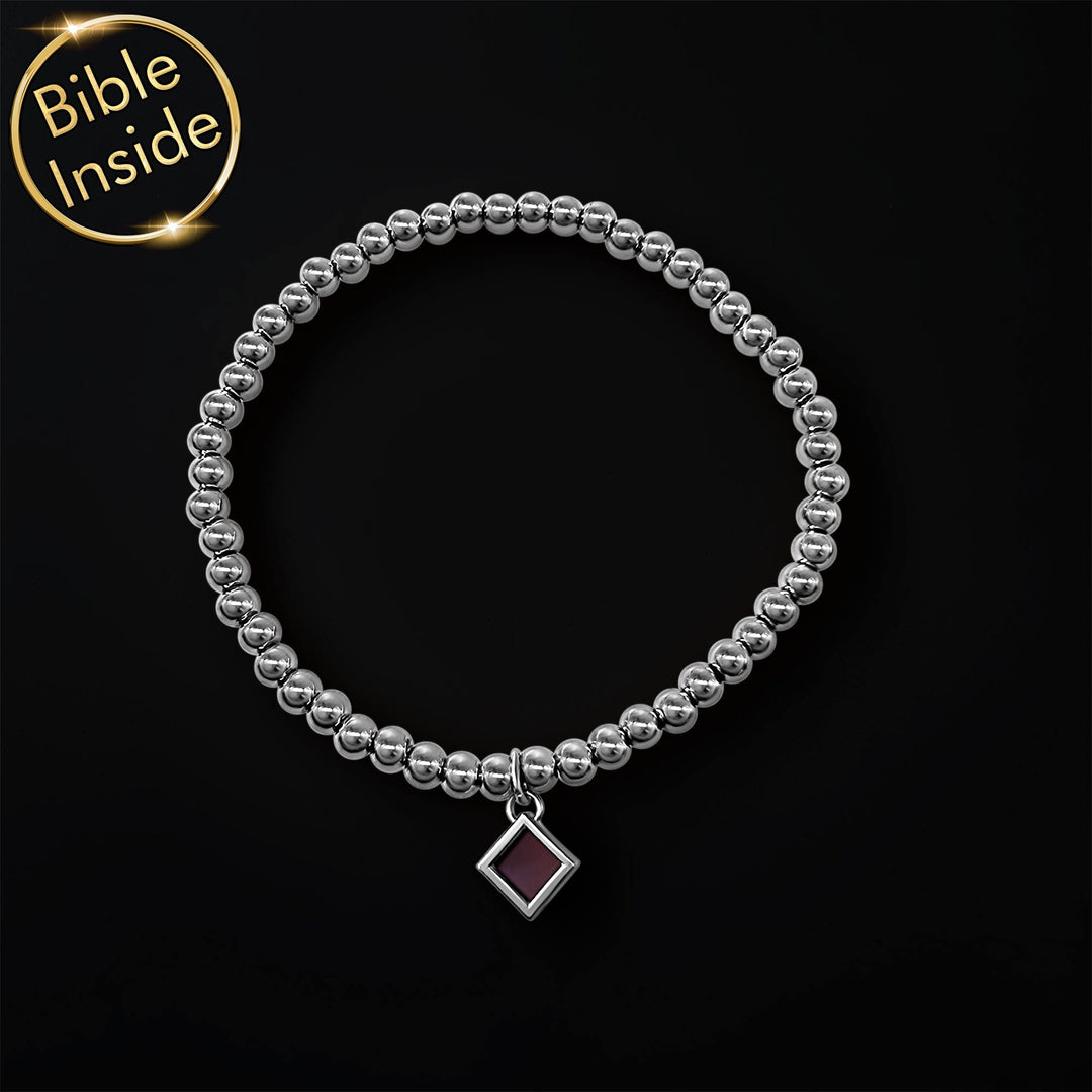 Silver beaded Christian bracelet with micro Bible chip – minimalist