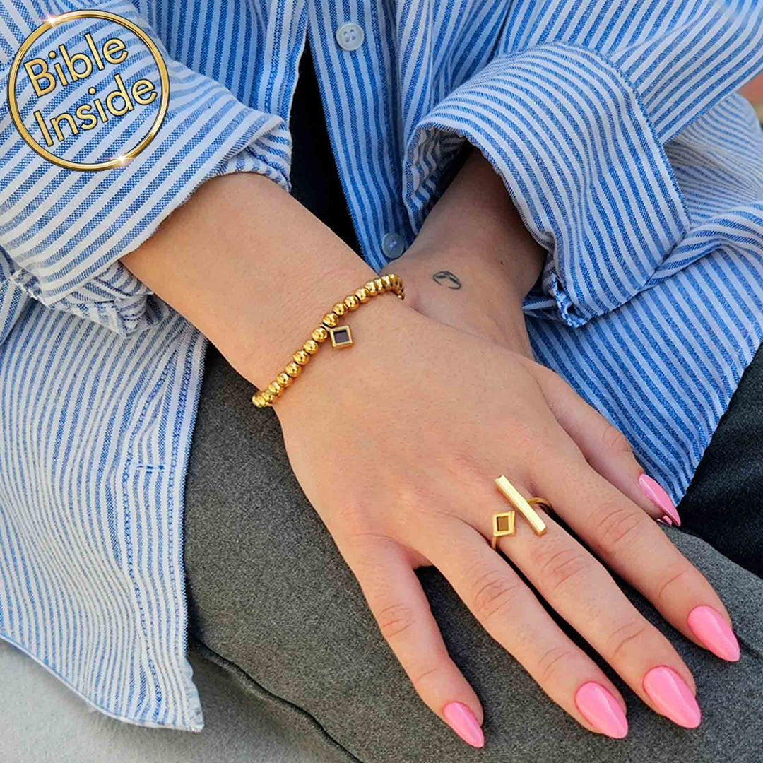 Christian jewelry store piece – minimalist beaded bracelet with microchip Bible